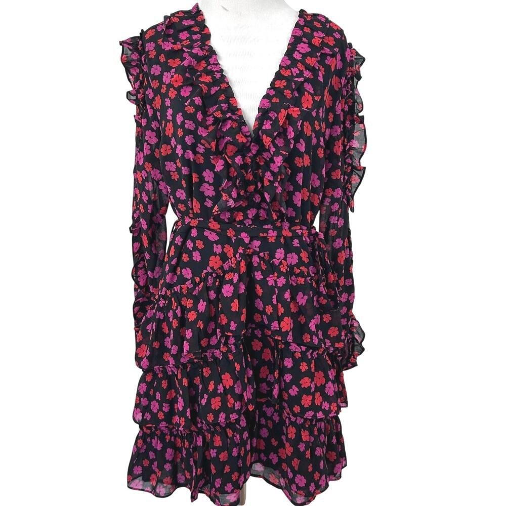Dee Elly Floral Ruffle Mini Dress XL Long Sleeve V Neck Tiered Black Romantic